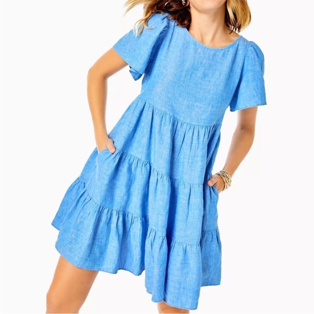 NWT Lilly Pulitzer Jocelyn Short Sleeve Linen Swing Dress SZ S Boca Blue